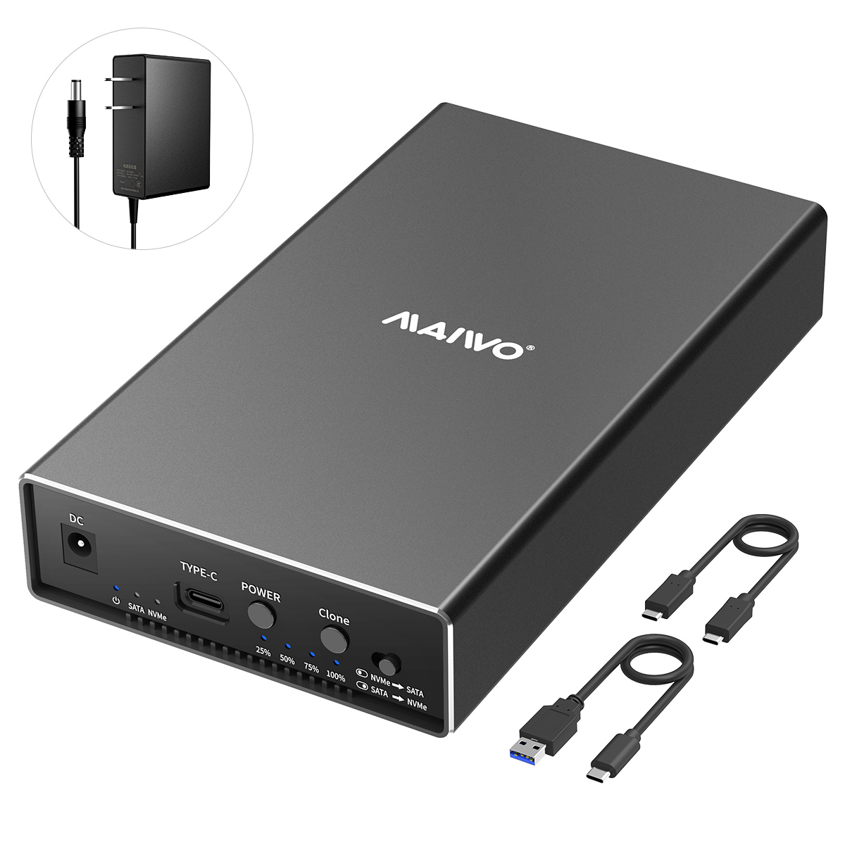 MAIWO K3527N Dual Bay USB Type C M.2 NVMe SSD and 3.5/2.5 Inch SATA HDD/SSD Enclosure with Offline C