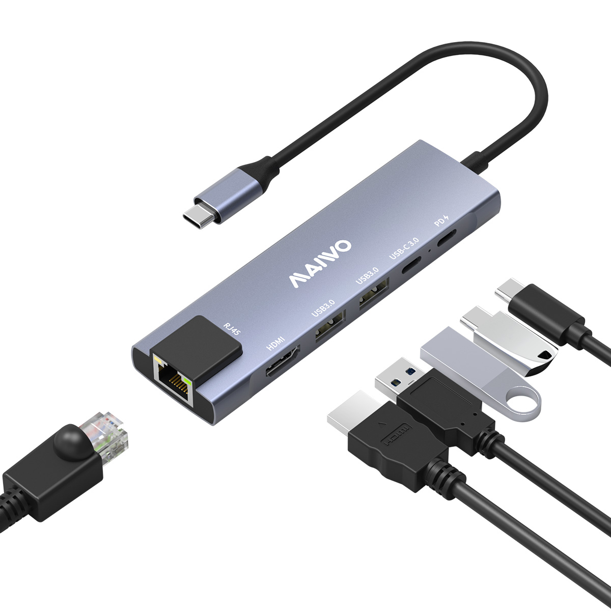 MAIWO KH06RH USB C Hub 6-in-1 Type C Adapter Mini Docking Station Aluminum with 100W Laptop Power De